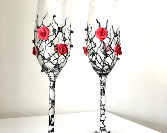 Halloween Wedding Glasses Halloween Wine Glasses Black Red Wedding Glasses Black Red Flutes Black Red Roses Black with Red Roses Halloween