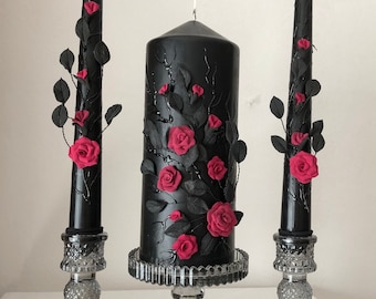 Halloween Wedding Candles Black Red Candles Black Red Wedding Black with Roses Wedding Gothic Wedding Candles Halloween Decorations Black