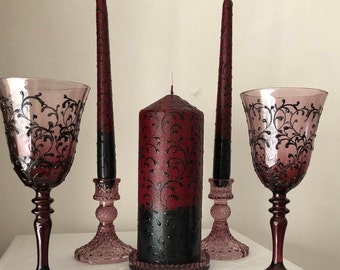 Wine Black Red Glasses Wedding Candles Black Red Unity Candle Set Gothic Candles Halloween Wedding Halloween Candles Black Red Wedding Gift