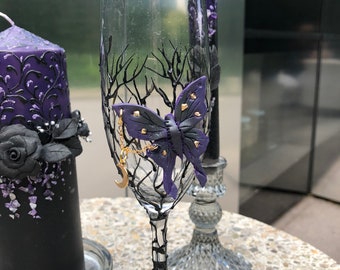 Set of 8: Halloween Wedding flutes with black Rose Wedding Black Purple Wedding Glasses Black Purple Candles Moth Wedding Unity candle set