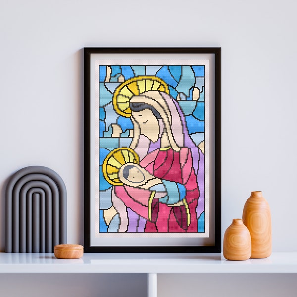 PDF, Stained Glass Virgin Mary with Baby Jesus Modern Cross Stitch Pattern,  Christian Art, Stained Glass embroidery, cross stitch chart