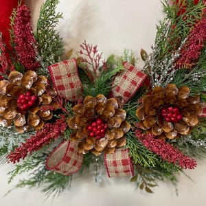 22 Inch Artificial Christmas Wreath With Red Berries & Checkered Ribbon - Pine Needle Door Wreath - View #6