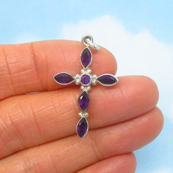 African Amethyst Cross Pendant 925 Sterling Silver