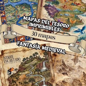 May include: A set of 30 printable medieval fantasy maps, featuring detailed illustrations of landscapes, dragons, and mythical creatures. The maps have a vintage, aged paper aesthetic, with text in Spanish.