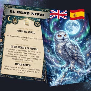 Puede incluir: Una carta de la serie "Guía Mágica Animal" con una ilustración de un búho nival bajo la luna llena. La carta incluye texto en español e inglés, con el título "EL BÚHO NIVAL". El fondo es un cielo estrellado.