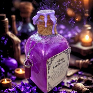 May include: A purple potion bottle with a cork stopper and a silver chain holding a purple crystal pendant. The bottle has a label that reads "Brebeje Fantasma". The scene includes candles and purple flowers.