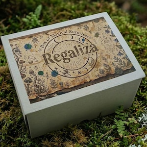 Könnte beinhalten: Eine weiße Schachtel mit einem dekorativen Deckel mit dem Text "Box of Magical Surprises" und dem Markennamen "Regaliza". Der Deckel hat ein Design im Vintage-Stil mit Illustrationen von Pilzen, Sternen und anderen mystischen Elementen. Die Schachtel steht auf einem Bett aus grünem Moos.