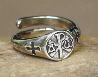 Chi Rho-ring heren Alpha Omega, zegelring, Constantines Cross, christogramring, christelijke ring, Christusmonogram, verstelbare ringmaat