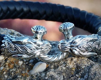 Leren herenarmband, Celtic Wolf Head Viking-armband, gevlochten leren Scandinavische armband, Scandinavische Noorse mythologie, boze oog-armband