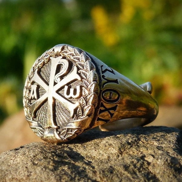 ANELLO CON SIGILLO CRISTIANO Chi Rho Gesù Cristo Tradizionale Greco Religioso Ortodosso Croce Artigianale Art Déco Gioielli Idea regalo di Pasqua