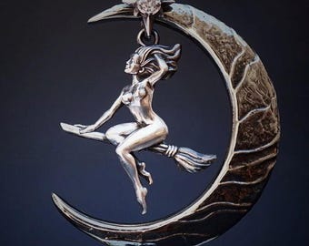 Heksenhanger – ketting maan en bezemsteel, Wicca-sieraden, heidense amulet, gotische hekserijbedel