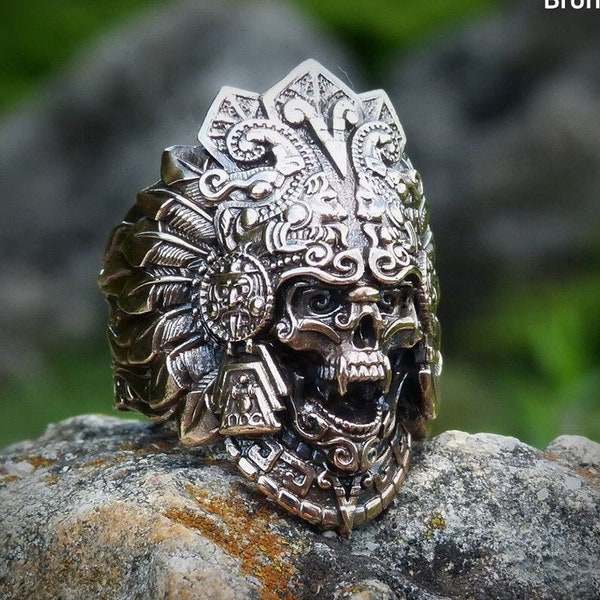 AZTEC SKULL RING from Bronze Tribal Native Ethnic Ritualistic Spiritual Adjustable Oversized Ring Carved Artisan Art Deco Wearable Art