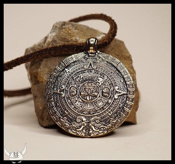 MAYAN Pendant Sculpted from Brass Ethnic Tribal Mayan Calendar Hieroglyphics Mesoamerican Aztec Spiritual Symbolic Jewelry