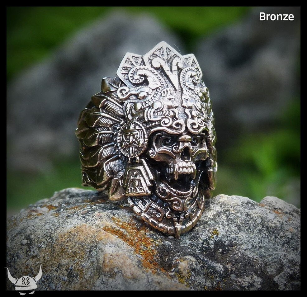AZTEC SKULL RING From Bronze Tribal Native Ethnic Ritualistic