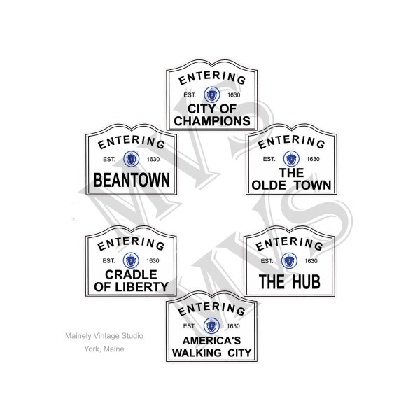 Entering Boston Sign - Set of Five diff /JPG PNG Digital Printable Art Download Historic Design