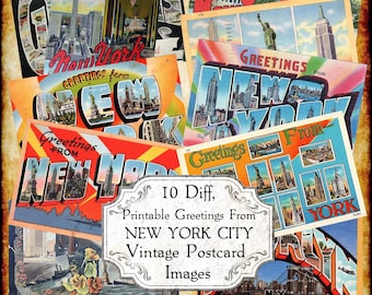 Greetings From New York City NYC Vintage Postcard JPEG Image Set 1 - Digital Download - antique printable art deco big letter postcard