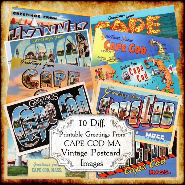 Greetings From Cape Cod MA Vintage Postcard JPEG Image Set - Digital Download - antique 1940s 1950s printable art deco big letter postcard