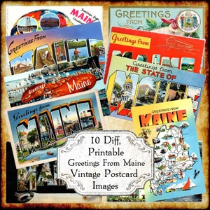 Saludos desde Maine ME Vintage postal JPEG Image Set - Descarga digital - antigua década de 1940 1950 imprimible art deco letras grandes postal