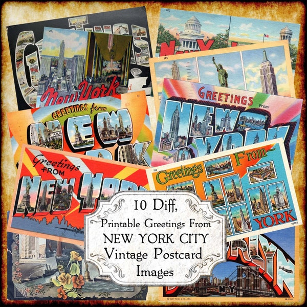 Greetings From New York City NYC Vintage Postcard JPEG Image Set 1 - Digital Download - antique printable art deco big letter postcard
