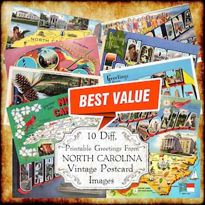 Conjunto de imagens JPEG de cartões postais vintage "Saudações da Carolina do Norte" - Download digital - cartão postal antigo para impressão em estilo art déco com letras grandes