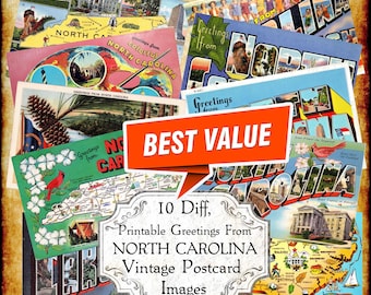 Greetings From North Carolina NC Vintage Postcard JPEG Image Set - Digital Download - antique printable art deco big letter postcard