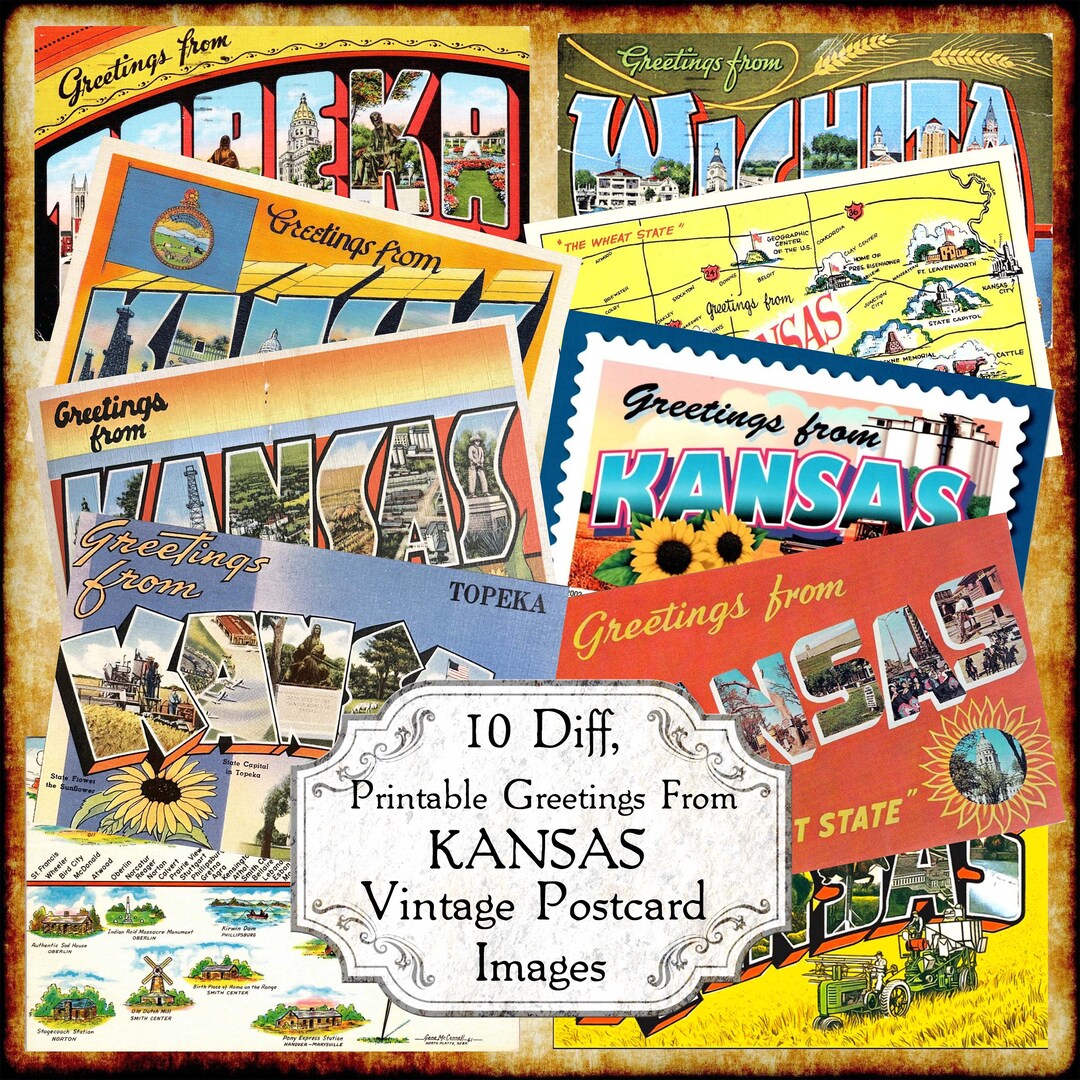 Greetings From Kansas KS Vintage Postcard JPEG Image Set Digital Download Antique 1940s 1950s