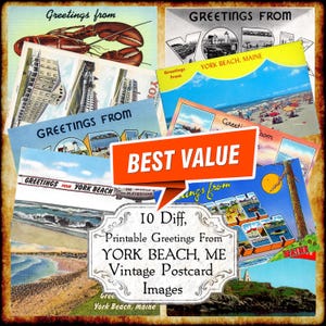 Groeten uit York Beach Maine ME Vintage ansichtkaart jpeg-afbeeldingenset - digitale download - antieke retro ontwerp afdrukbare art deco-briefkaart