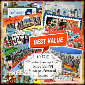 Saudações do Mississippi MS Imagens JPEG de cartão postal vintage - Download digital - cartão postal art déco antigo para impressão das décadas de 1940 e 1950 com letras grandes