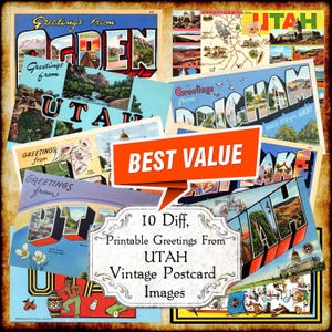 Saudações de Utah Conjunto de imagens JPEG de cartões postais vintage de Utah - Download digital - cartão postal antigo art déco com letras grandes para impressão dos anos 1940 e 1950
