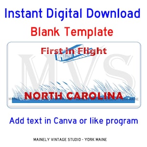 May include: Digital download template with a blue and red design. The design includes the text "Instant Digital Download Blank Template", "First in Flight", and "North Carolina". The image also includes an airplane illustration and text that says "Add text in Canva or like program".