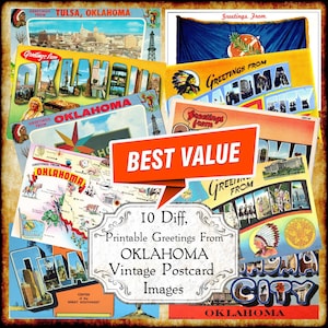 Greetings From Oklahoma OK Vintage Postcard JPEG Image Set - Quality Digital Download - antique 1940s 1950s art deco big letter postcard