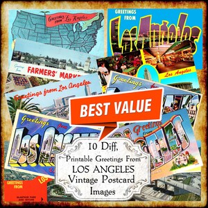 Salutations de Los Angeles vintage carte postale Images JPEG - téléchargement numérique - carte postale grande lettre imprimable art déco antique des années 1940 et 1950