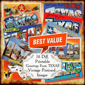 Grüße aus Texas TX Vintage Postkarte JPEG Bilder Set - Digital Download - antike 1940er 1950er Jahre druckbare Art-Deco-Big Letters Postkarte