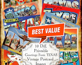 Greetings From Texas TX Vintage Postcard JPEG Image Set - Digital Download - antique 1940s 1950s printable art deco big letters postcard