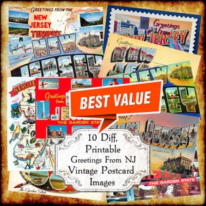 Grüße aus New Jersey NJ Vintage Postkarte JPEG Bild Set - Digital Download - antike 1940er Jahre 1950er Jahre druckbare Art-Deco-Großbriefpostkarte