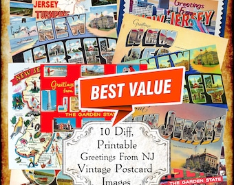 Greetings From New Jersey NJ Vintage Postcard JPEG Image Set - Digital Download - antique 1940s 1950s printable art deco big letter postcard