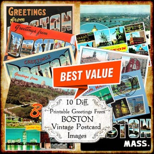 Conjunto de imagens JPEG de cartões postais vintage Saudações de Boston, MA - Download digital - cartão postal antigo art déco com letras grandes para impressão dos anos 1940 e 1950