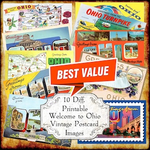 Imagens JPEG de cartões postais antigos de saudações de Ohio - Download digital - cartão postal antigo art déco com letras grandes para impressão dos anos 1940 e 1950 - Buckeye