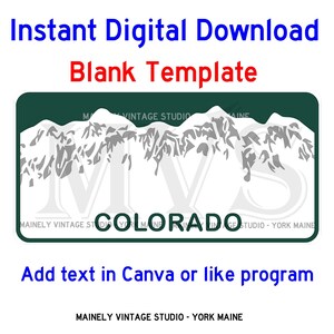 May include: A digital download template featuring a white silhouette of the Rocky Mountains with the word "COLORADO" in black text. The template is designed for use in Canva or similar programs.