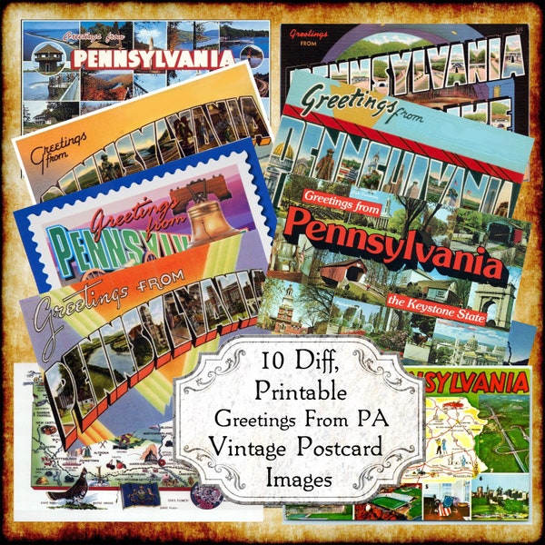 Greetings From Pennsylvania PA Vintage Postcard JPEG Images - Digital Download - antique 1940s 1950s printable art deco big letter postcard
