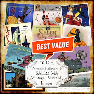 Salem Massachusetts Halloween Hexe schwarze Vintage Postkarte JPEG Bilder Set - Digital Download - antike druckbare Kunst schwarze Katze Kürbis