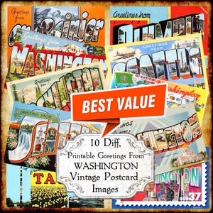 Saluti da Washington WA Set di immagini JPEG di cartoline d'epoca - Download digitale - cartolina antica Art Déco stampabile degli anni '40 e '50 con grandi lettere