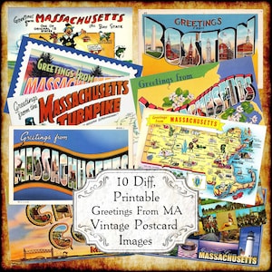 Greetings From Massachusetts MA -  Printable Vintage Postcard Images Instant Download Art Deco Ephemera Large Letters