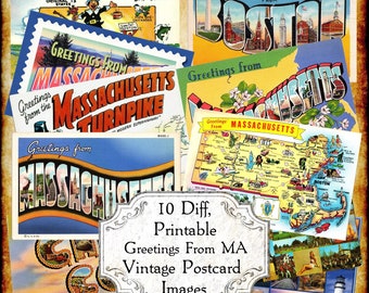 Images de cartes postales vintage du Massachusetts - Art déco éphémères (téléchargement numérique)