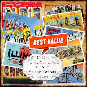 Saluti dall'Illinois, set di immagini JPEG di cartoline d'epoca IL - Download digitale - cartolina antica art déco degli anni '40 e '50 con grandi lettere retrò