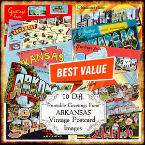 Grüße von Arkansas AR Vintage Postkarte JPEG Bilder Set - Qualität Digital Download - antike 1940er 1950er Jahre Art Deco große Buchstaben Postkarte