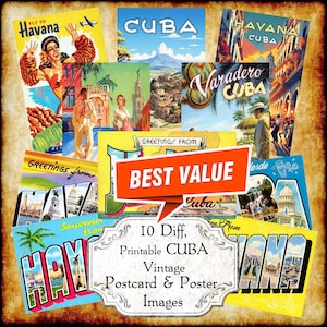 Conjunto de imagens JPEG de cartões postais e pôsteres de viagem vintage "Saudações de Cuba" - Download digital - letras grandes Art Déco antigas para impressão em Havana