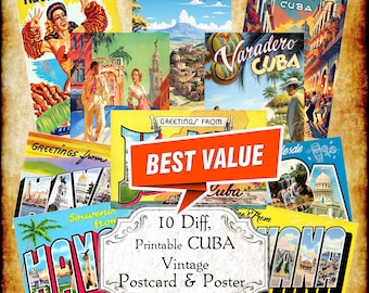 Greetings From Cuba Vintage Postcard & Travel Posters JPEG Image Set - Digital Download - antique printable art deco big letters Havana