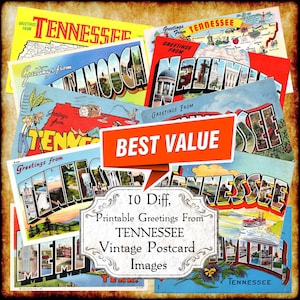 Salutations du Tennessee TN carte postale vintage JPEG Image Set - téléchargement numérique - carte postale grande lettre imprimable art déco antique des années 1940 et 1950