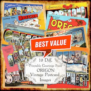 Salutations de l'Oregon ou carte postale vintage JPEG Image Set - téléchargement numérique - carte postale grande lettre imprimable art déco antique des années 1940 et 1950